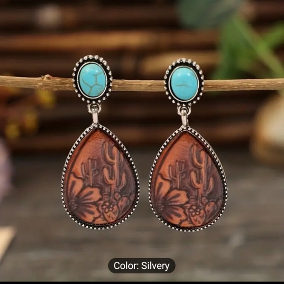 Turquoise Earrings Western Cactus Sunflower Dangle New F18 - Picture 1 of 4